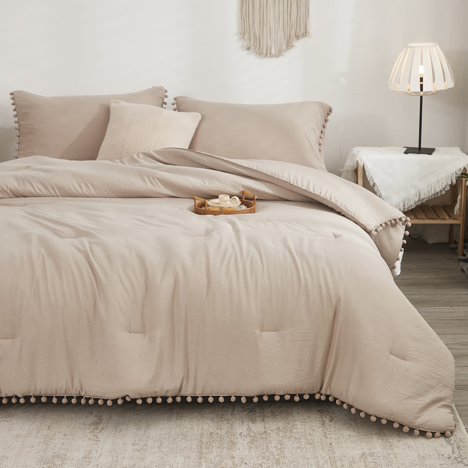 Move Over Taupe Comforter Set Queen Size 3 Pieces Pom Pom Pattern Solid Color Boho Comforter Set for Girls and Women
